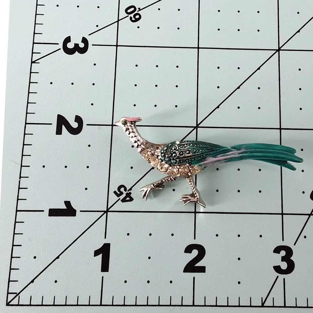 Vintage Silver Tone Teal Enamel Rhinestone Peacock Bird Brooch Pin Figural Art‎